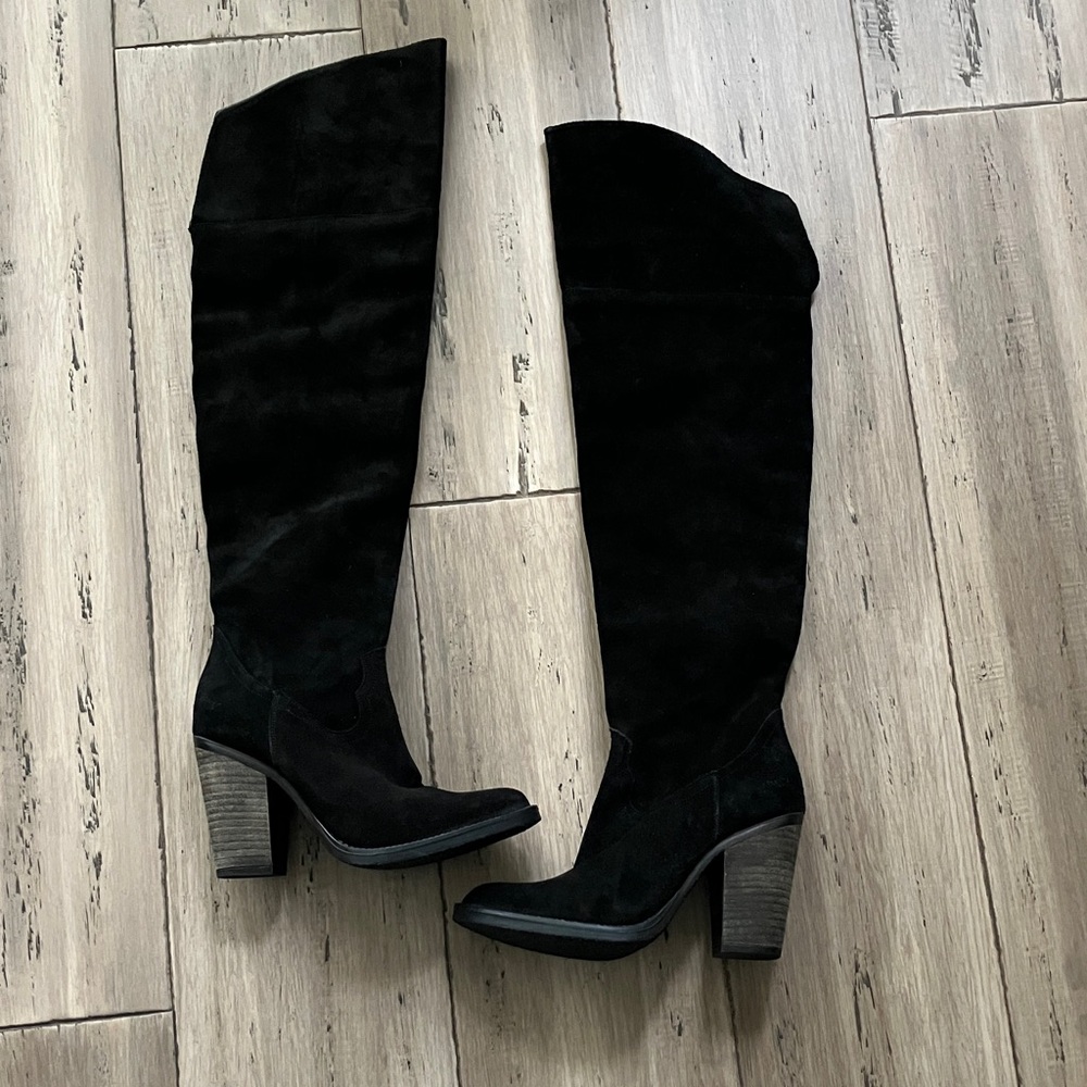 Anthropologie Musse & Cloud Black Suede Over the Knee Boots Chunky Heel 7.5